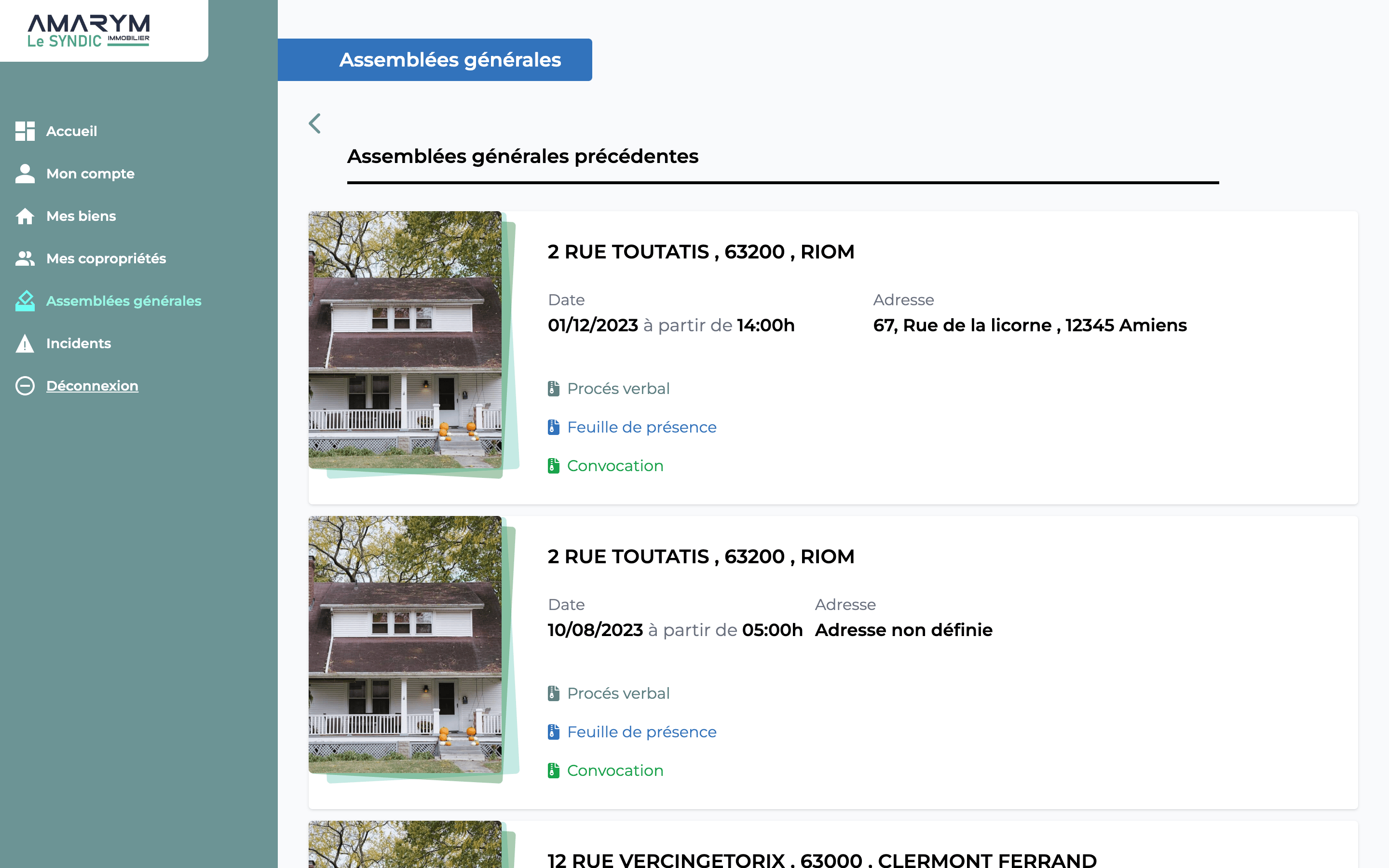 Capture de la page d'assemblées générales du projet Syndic by Amarym