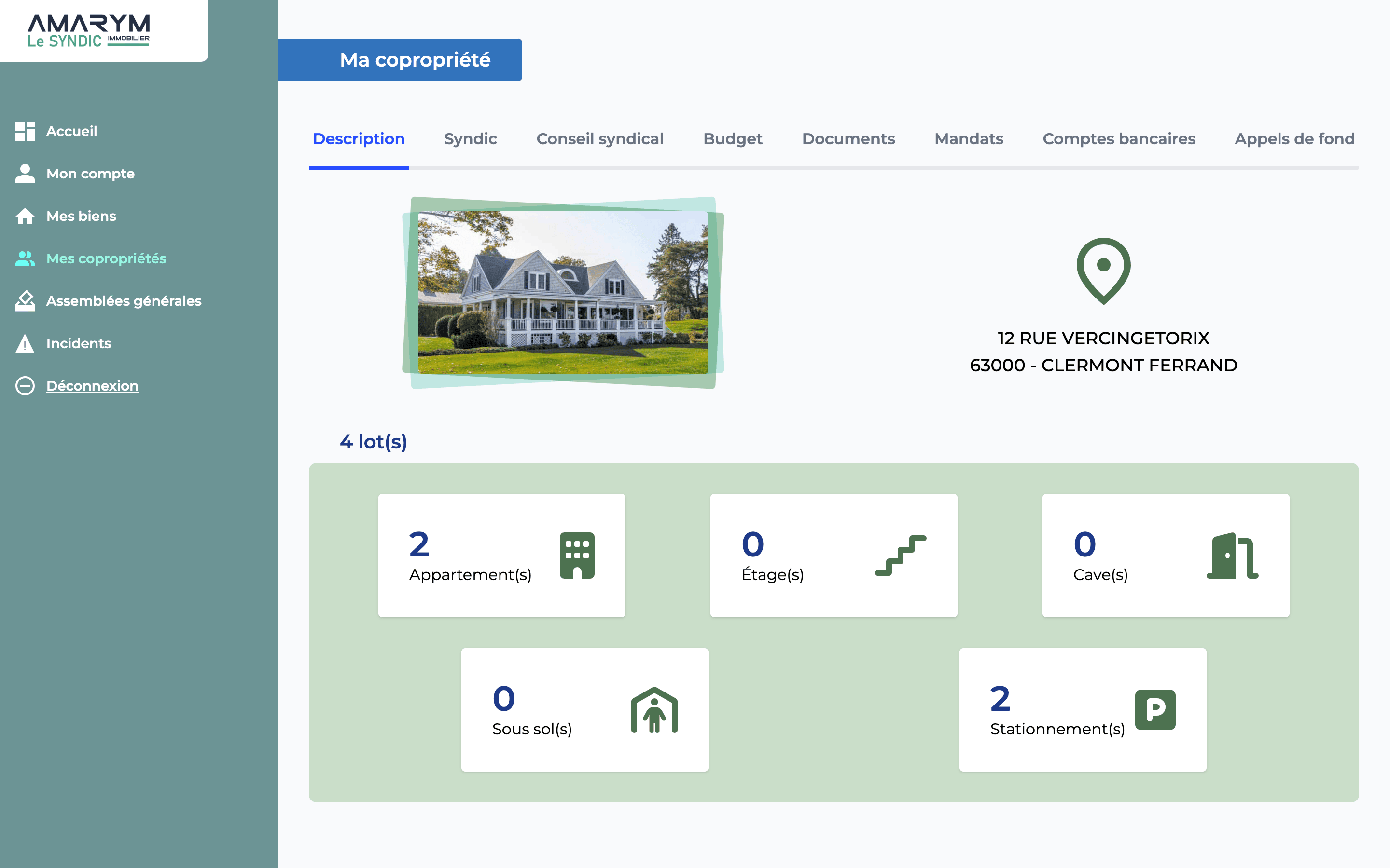 Capture de la page de preview d'un bien du projet Syndic by Amarym