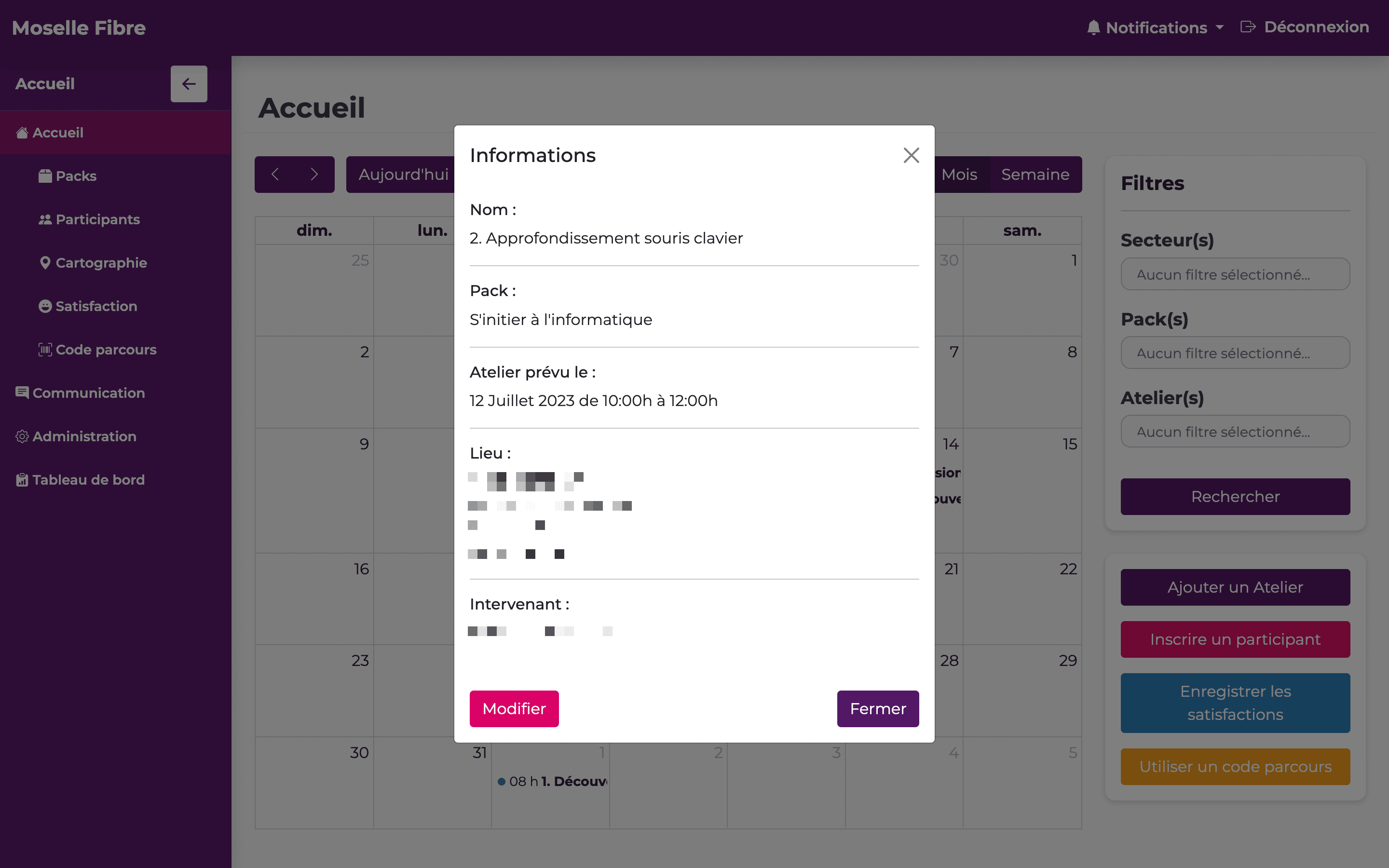 Capture de la page calendrier de la plateforme Moselle fibre