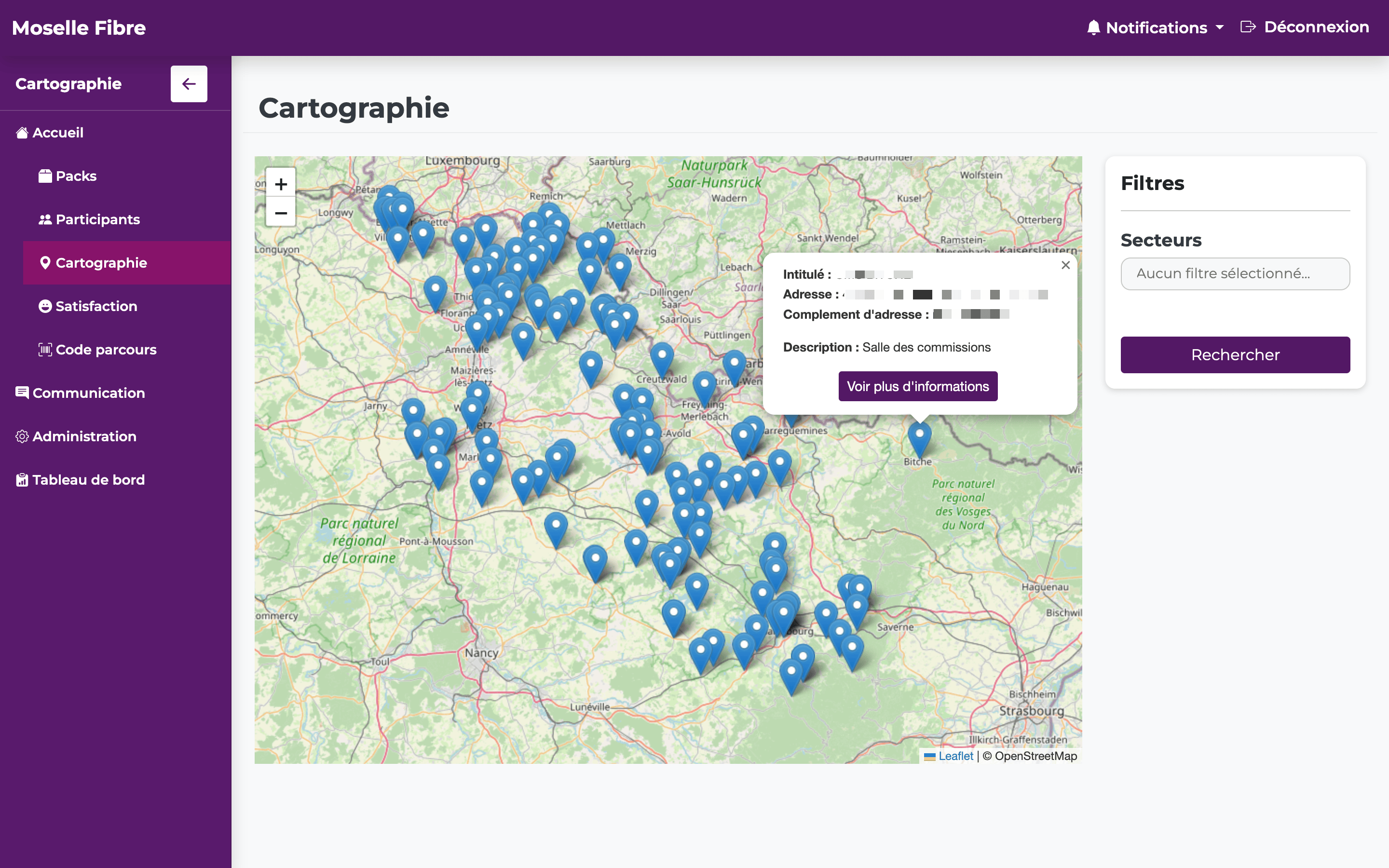 Capture de la page map de la plateforme Moselle fibre