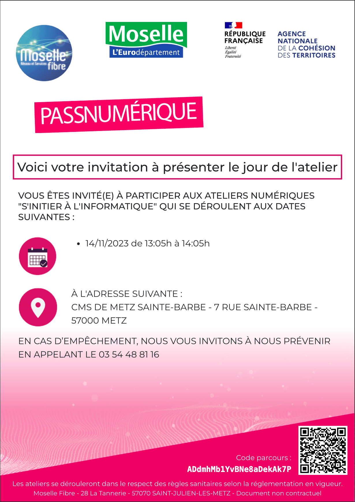 Capture du passe numérique généré par la plateforme Moselle fibre