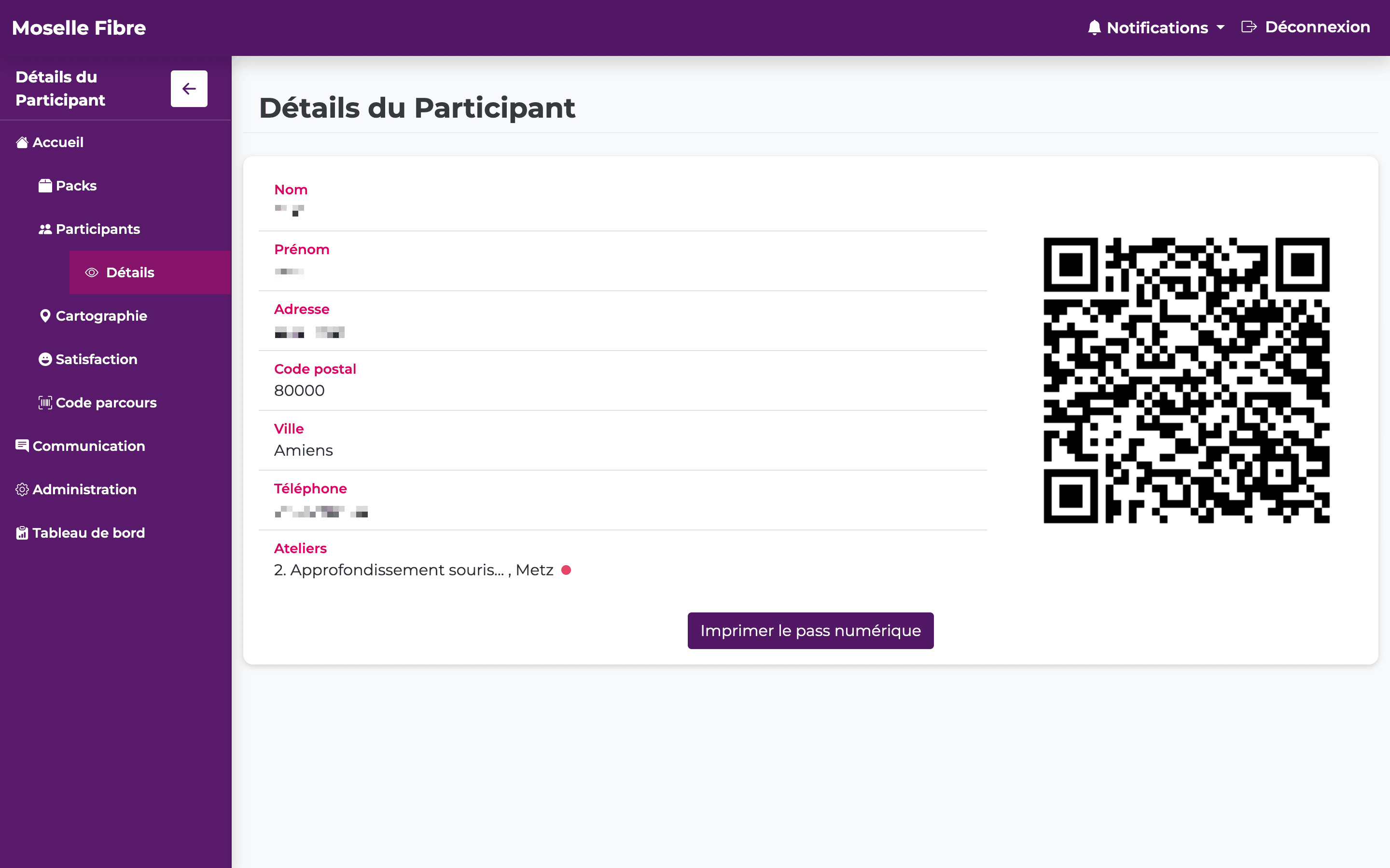 Capture de la page passe numérique de la plateforme Moselle fibre