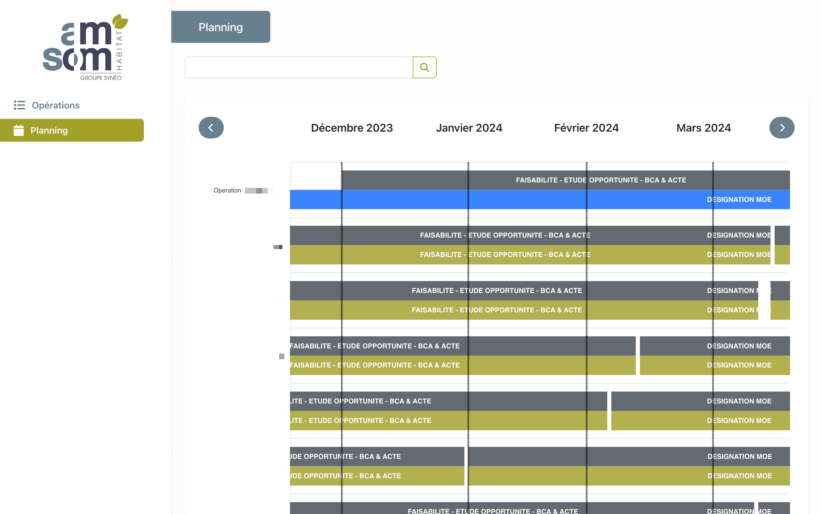 Capture de la page du diagramme de Gantt du projet Amsom Habitat